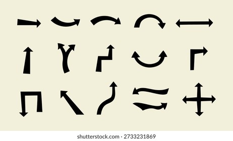 Conjunto vetorial de setas pretas sobre um fundo branco, desenhado em um estilo áspero e expressivo. Traçados angulares grossos criam uma aparência arrojada e desenhada à mão, adequada para design dinâmico, navegação e gráficos modernos.