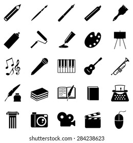 Vector Set of Black Art Icons. Drawing, Music, Writing and Other.