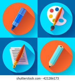 Vector Set of Black Art,  Painting and Drawing Icons. Flat design style.