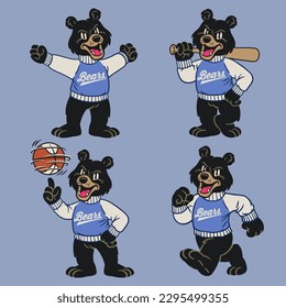 vector Set of Black Bear Sport Mascot in Vintage Retro Hand Drawn Style