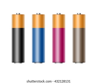 Vector Set of Black Blue Cyan Magenta Pink Glossy Alkaline AA Batteries Of Diffrent Color for branding Close up Isolated on White background