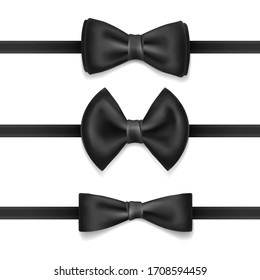 Vector set of black bow tie for men, isolated on white background. Realistic illustration. Knot silk bow. Bowtie for an elegant evening suit, tuxedo. Classic satin butterfly, fashion cloth.