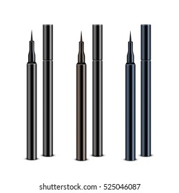 Vector Set of Black Brown Blue Cosmetic Makeup Eyeliner Pencils with without Caps Isolated on White Background