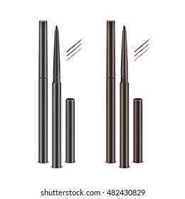 Vector Set of Black Brown Cosmetic Makeup Eyeliner Pencils with without Caps and sample strokes Isolated on White Background