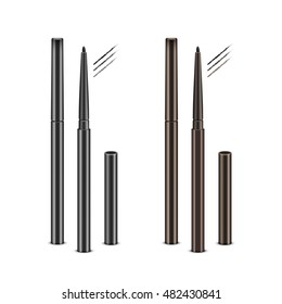 Vector Set of Black Brown Cosmetic Makeup Eyeliner Pencils with without Caps and sample strokes Isolated on White Background