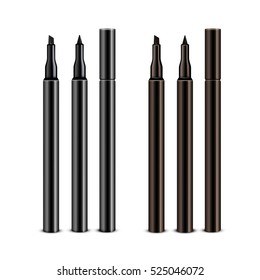 Vector Set of Black Brown Cosmetic Makeup Eyeliner Pencils with without Caps Isolated on White Background