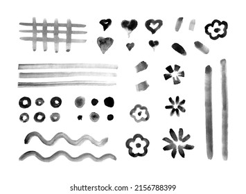 Conjunto vectorial de pinceladas negras. Elementos aislados editables. Pinceles para su diseño. Manos libres. Líneas de acuarela, salpicaduras y puntos.