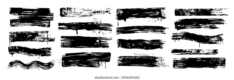 Vector set of black brush strokes, ink bold lines. Dirty grunge design elements, rough paintbrush smears isolated on white background. Hand drawn spray paint underline stripes with drips and splatters