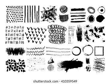 Vector set of black brush strokes. Editable isolated elements. Grunge brushes or banners for your design. Freehand. Watercolor splash. Acrylic stamp.