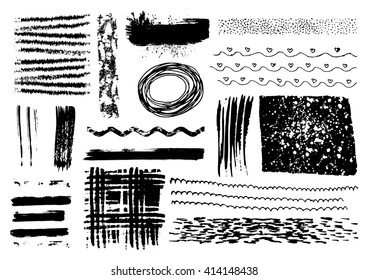 Vector set of black brush strokes. Editable isolated elements. Grunge brushes or banners for your design. Freehand. Watercolor splash. Acrylic stamp.