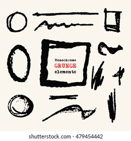 Vector set of black brush strokes. Grunge isolated elements. Smoke brushes for your design. Freehand. Ink splash. Acrylic stamp. Vector illustration