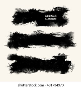 Vector set of black brush strokes. Grunge isolated elements. Smoke brushes for your design. Freehand. Watercolor splash. Acrylic stamp. Vector illustration