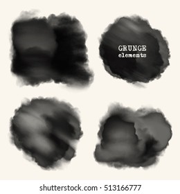 Vector set of black brush strokes. Watercolor Grunge isolated elements. Smoke brushes for your design. Freehand. Ink splash. Acrylic stamp. Vector illustration