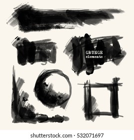 Vector set of black brush strokes. Grunge isolated elements. Smoke brushes for your design. Freehand. Ink splash. Acrylic stamp. Vector illustration.
