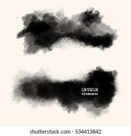 Vector set of black brush strokes. Grunge isolated elements. Smoke brushes for your design. Freehand. Ink splash. Acrylic stamp. Vector illustration.