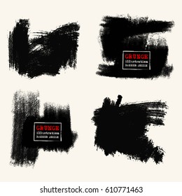 Vector set of black brush strokes. Grunge isolated elements. Smoke brushes for your design. Freehand. Ink splash. Acrylic stamp. Vector illustration