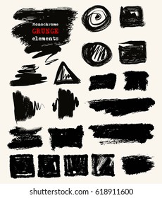 Vector set of black brush strokes. Grunge isolated elements. Smoke brushes for your design. Freehand. Watercolor splash. Acrylic stamp. Vector illustration.