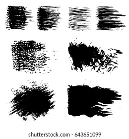 Vector set of black brush strokes. Grunge isolated elements. Smoke brushes for your design. Freehand. Ink splash. Vector illustration.