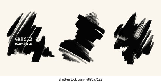 Vector set of black brush strokes. Grunge isolated elements. Smoke brushes for your design. Freehand. Watercolor splash. Acrylic stamp. Vector illustration