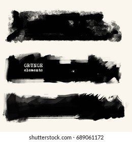 Vector set of black brush strokes. Grunge isolated elements. Smoke brushes for your design. Freehand. Watercolor splash. Acrylic stamp. Vector illustration