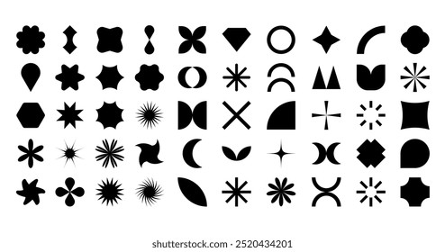 Vector set of black brutalist geometric shapes. Trendy abstract minimalist figures, stars, flowers, circles. Modern abstract graphic design elements. Memphis figures, modern swiss