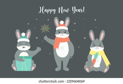 Vector set of black bunny in santa hat and scarf with carrot. Cartoon illustration of a symbol of chinese new year 2023. Rabbit with gift box and bengal fire for Merry Christmas greeting card for