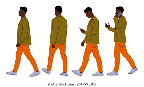 Vector set of Black businessman in colorful smart casual outfits, walking side and back view, holding phone. Animation style character design, isolated on white background