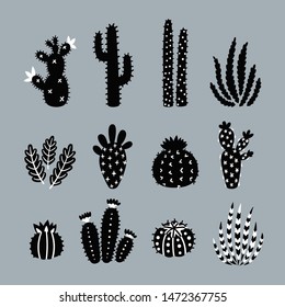 Vector set of black cacti, aloe and leaves. Collection of exotic plants. Decorative natural elements. Cactus silhouettes.