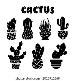 Vector set of black cactus plants in pots with outlines. Exotic and Tropical Plants - Cacti for design isolated on white background. Hand drawn cactus for design.
