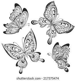 Vector set of black calligraphic butterflies isolated on white background. Tattoo design