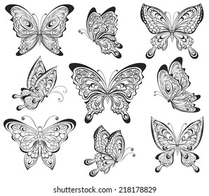 Vector set of black calligraphic butterflies isolated on white background. Tattoo design