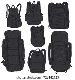 Vector Set of Black Cartoon Backpacks. Casual, Fashion, Hiking, Sport and Tactical Knapsacks