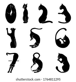 Vector set of black cartoon cats pose like numbers
