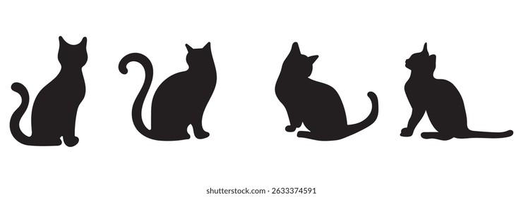 Vector Set of Black Cat Silhouettes in Various Poses – Sitting, Playing, Jumping, Walking, Elegant cat sitting side view with turn around head. Black cat silhouette. eps 10