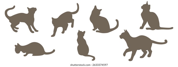 Vector Set of Black Cat Silhouettes in Various Poses – Sitting, Playing, Jumping, Walking, Elegant cat sitting side view with turn around head. Black cat silhouette. eps 10