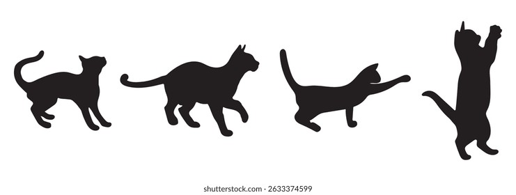 Vector Set of Black Cat Silhouettes in Various Poses – Sitting, Playing, Jumping, Walking, Elegant cat sitting side view with turn around head. Black cat silhouette. eps 10