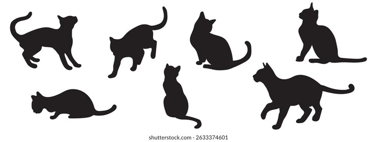 Vector Set of Black Cat Silhouettes in Various Poses – Sitting, Playing, Jumping, Walking, Elegant cat sitting side view with turn around head. Black cat silhouette. eps 10