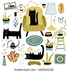 Vector set with black cats in the Scandinavian interior in a simple hand-drawn style. Colorful modern illustration