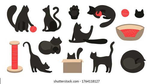 Vector set of black cats silhouettes in flat style. Vector callip art animal. The cat sleeps, plays, sits, licks. Scratching post, bedding, ball for the game. Cute cats for flat design.