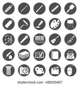 Vector Set of Black Circle Art Icons. Drawing, Music, Writing and Other.