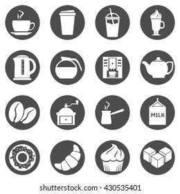 Vector Set of  Black Circle Coffee Icons. Icons for Coffee Shop.