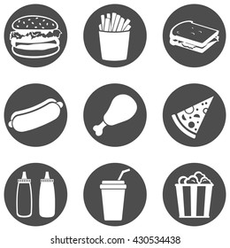 Vector Set of Black Circle Fast Food Icons