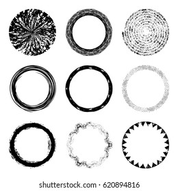 Vector set of of black circle grunge shapes, frames or brush strokes for logo design.Unique hand sketched grunge brushes or banners for your design shapes or branding identity.Freehand. Acrylic stamp.