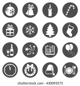 Vector Set of Black Circle New Year and Christmas Icons