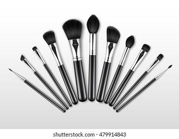 Vector Set of Black Clean Professional Makeup Concealer Powder Blush Eye Shadow Brow Brushes with Black Handles Isolated on White Background