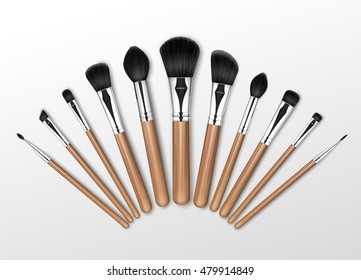 Vector Set of Black Clean Professional Makeup Concealer Powder Blush Eye Shadow Brow Brushes with Wooden Handles Isolated on White Background