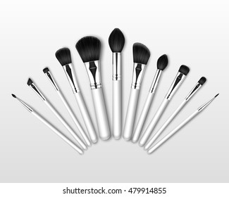 Vector Set of Black Clean Professional Makeup Concealer Powder Blush Eye Shadow Brow Brushes with White Handles Isolated on White Background