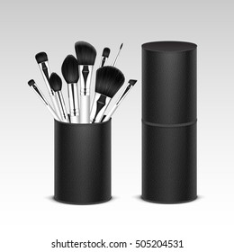 Vector Set of Black Clean Professional Makeup Concealer Powder Blush Eye Shadow Brow Brushes with White Handles in Black Leather Tube Isolated on White Background