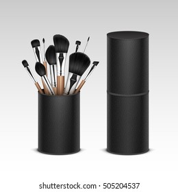 Vector Set of Black Clean Professional Makeup Concealer Powder Blush Eye Shadow Brow Brushes with Wooden Handles in Black Leather Tube Isolated on White Background