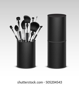 Vector Set of Black Clean Professional Makeup Concealer Powder Blush Eye Shadow Brow Brushes with Black Handles in Leather Tube Isolated on White Background